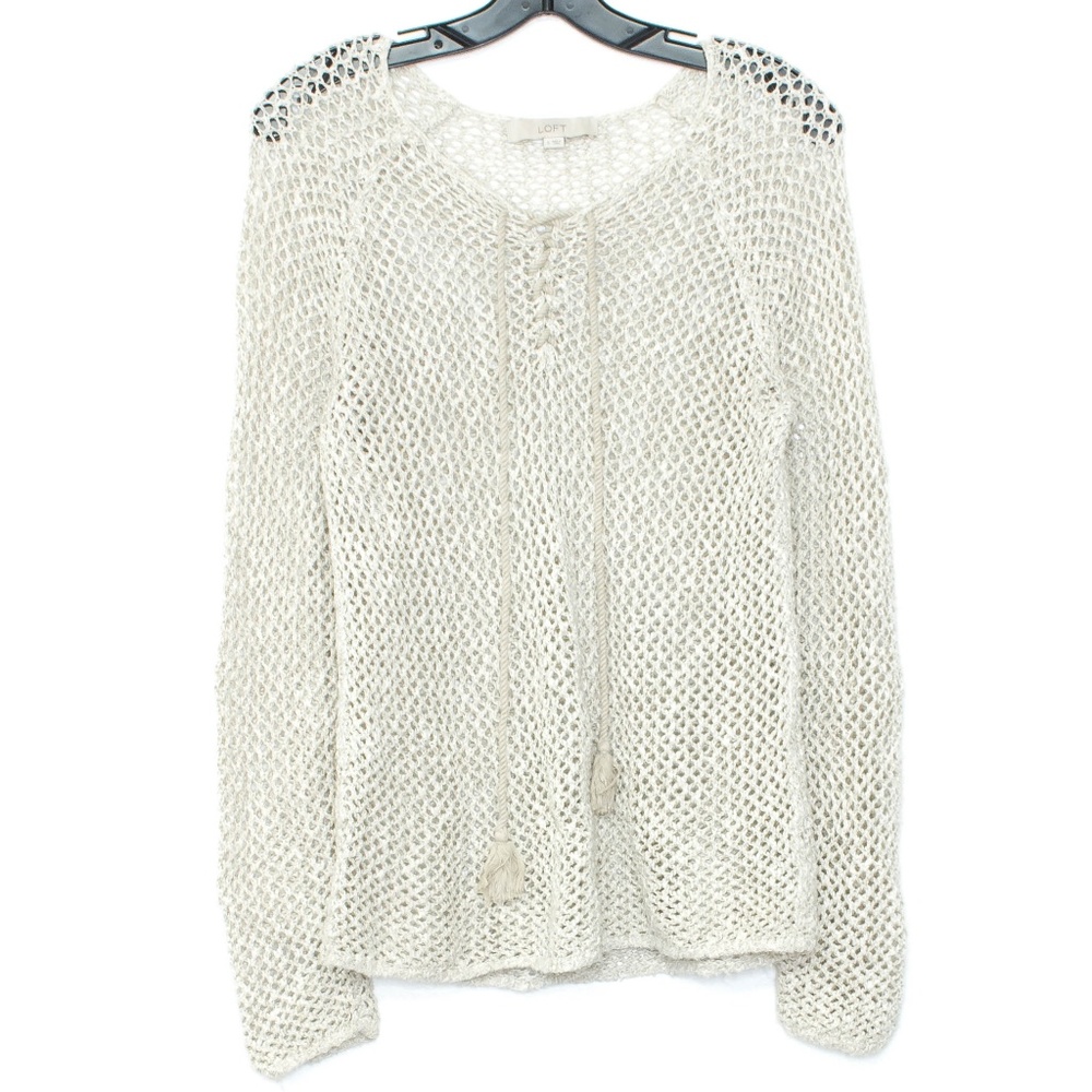 Loft Womens Sweater LINEN Crochet Lace Up Small H1